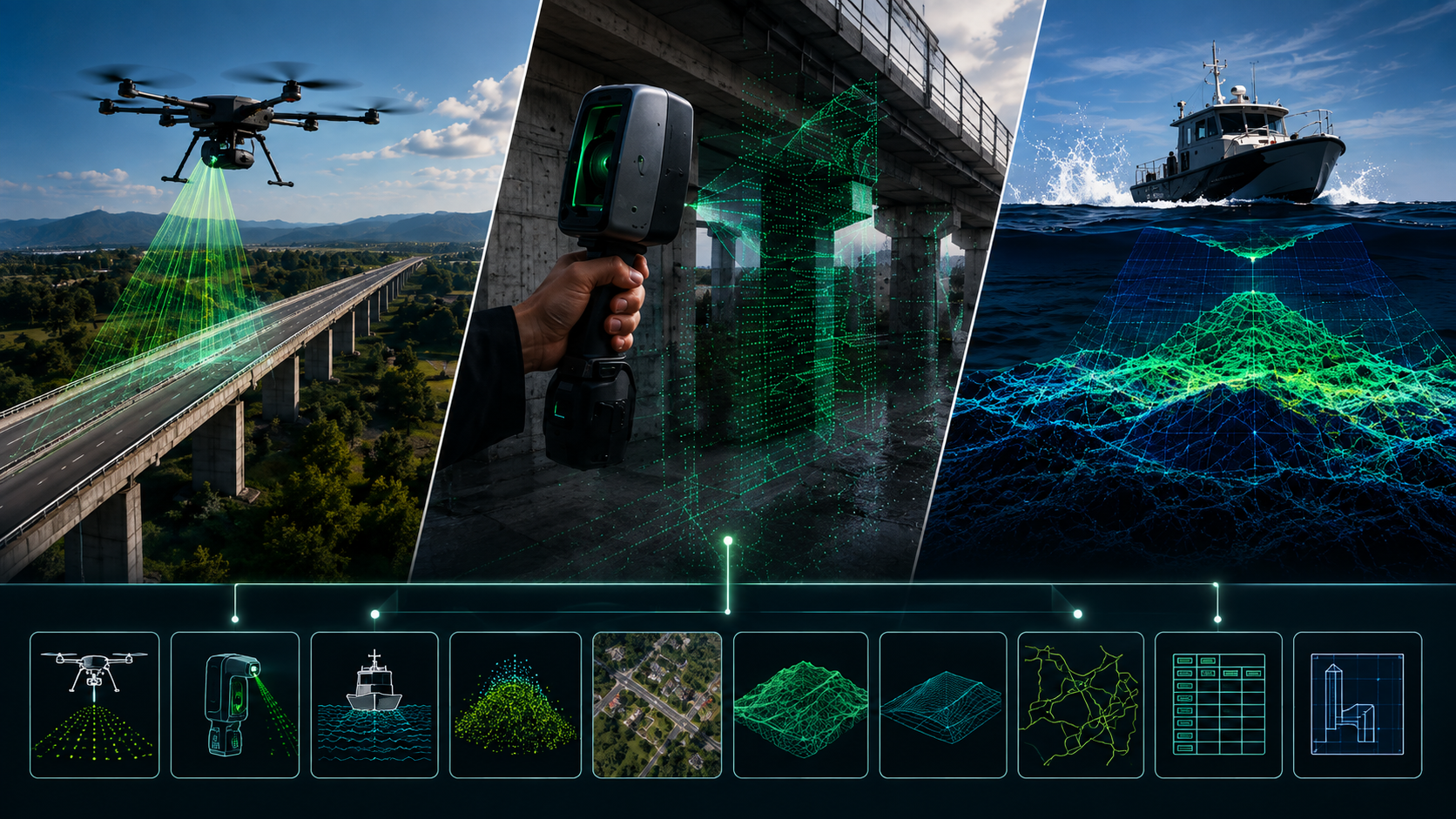 Aerial LiDAR drone, hand-held scanner and bathymetric capture methods, from data collection through to processed point cloud, terrain, GIS and CAD formats