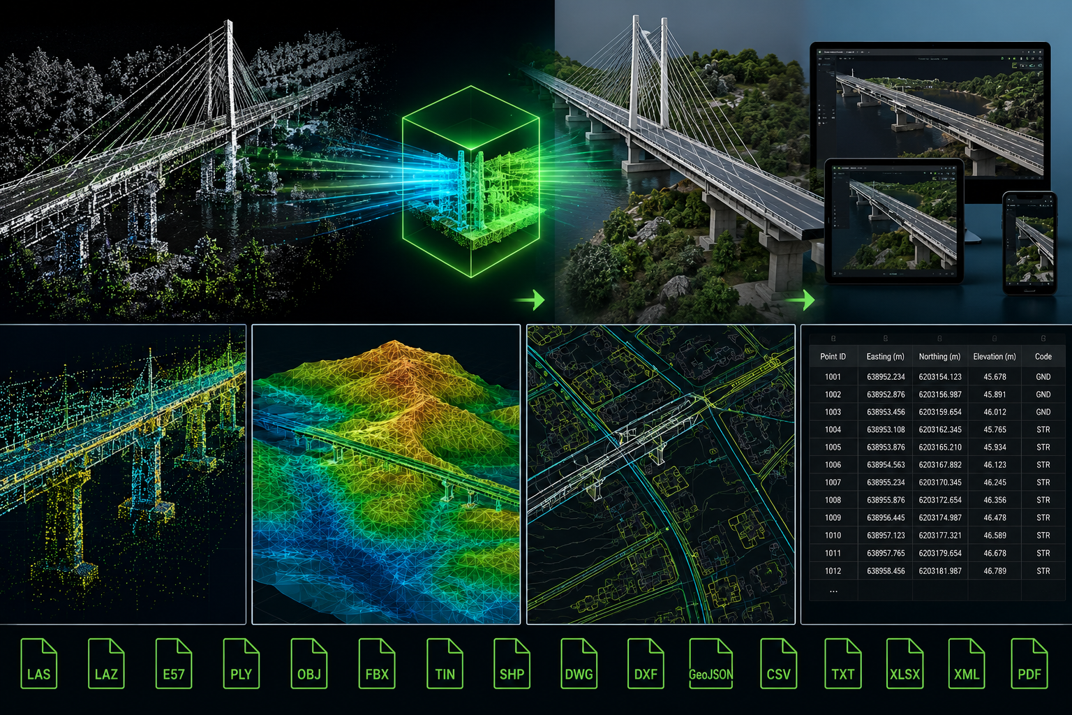 Point cloud capture processed into a finished model and exported into point cloud, terrain, GIS and survey data file formats