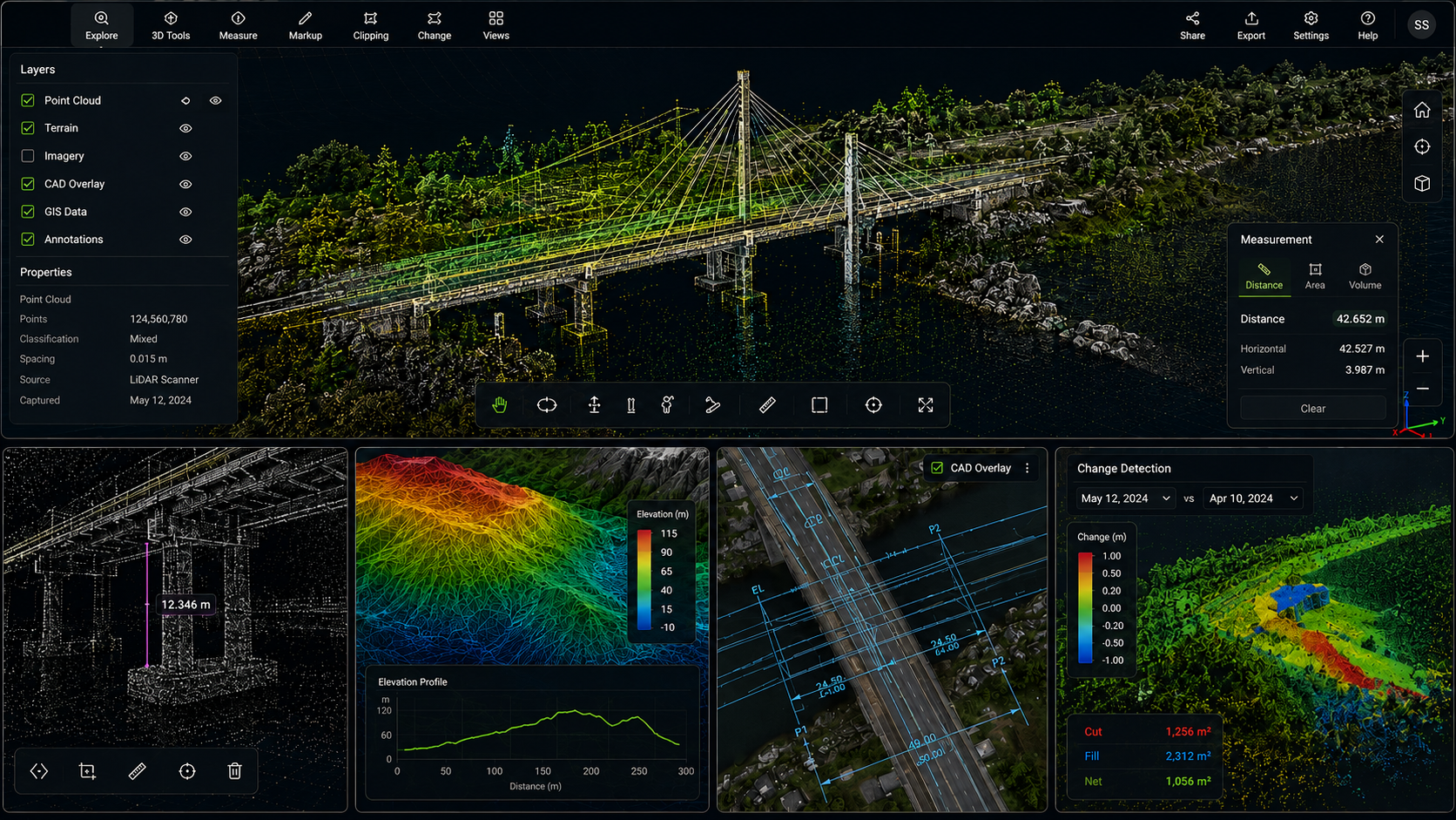 Exploring a captured point cloud with layer controls, elevation analysis, CAD overlay and change detection tools